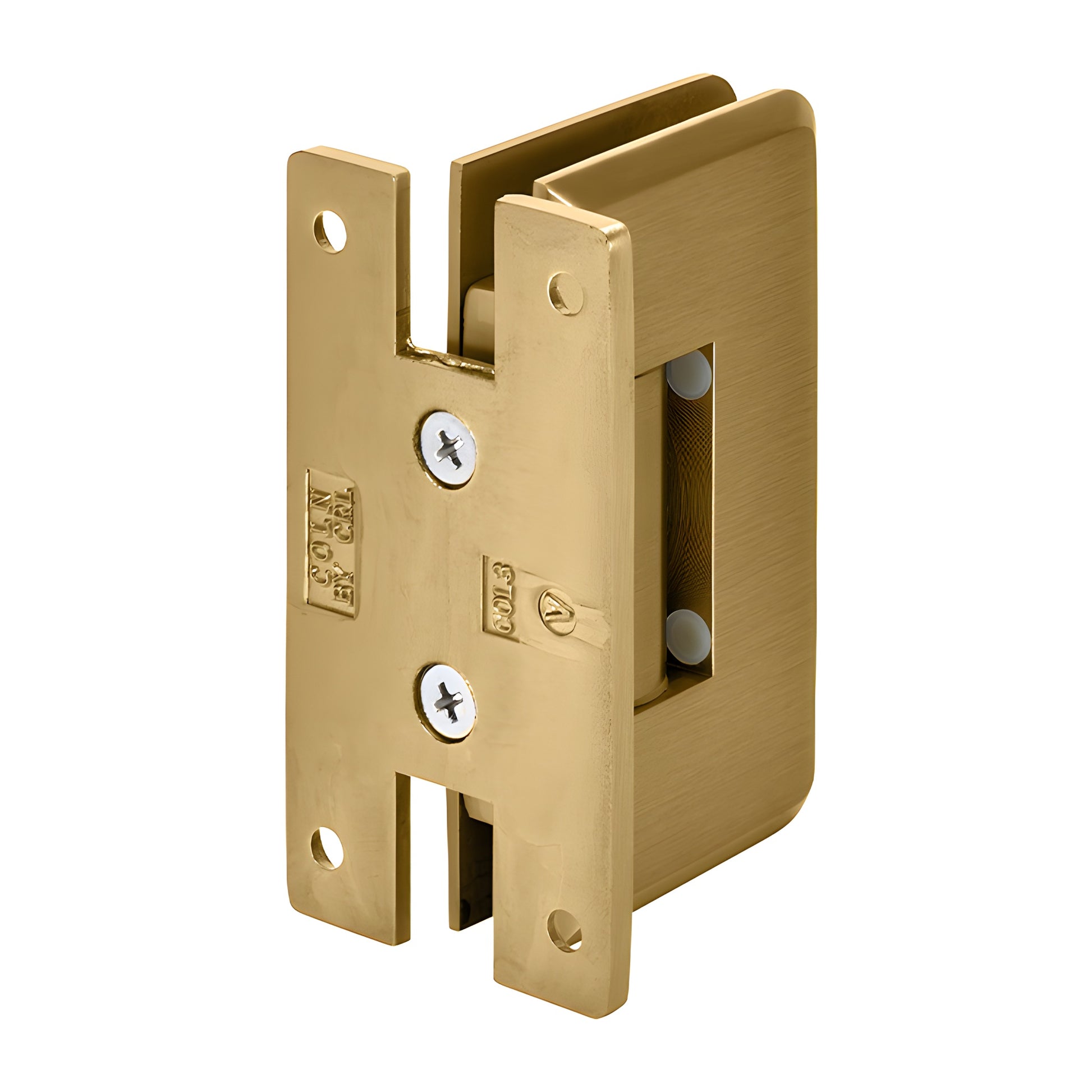 Satin brass adjustable shower door hinge (Cologne series) SKU C0L337SB, solid brass wall-mount hinge for 10-12mm glass