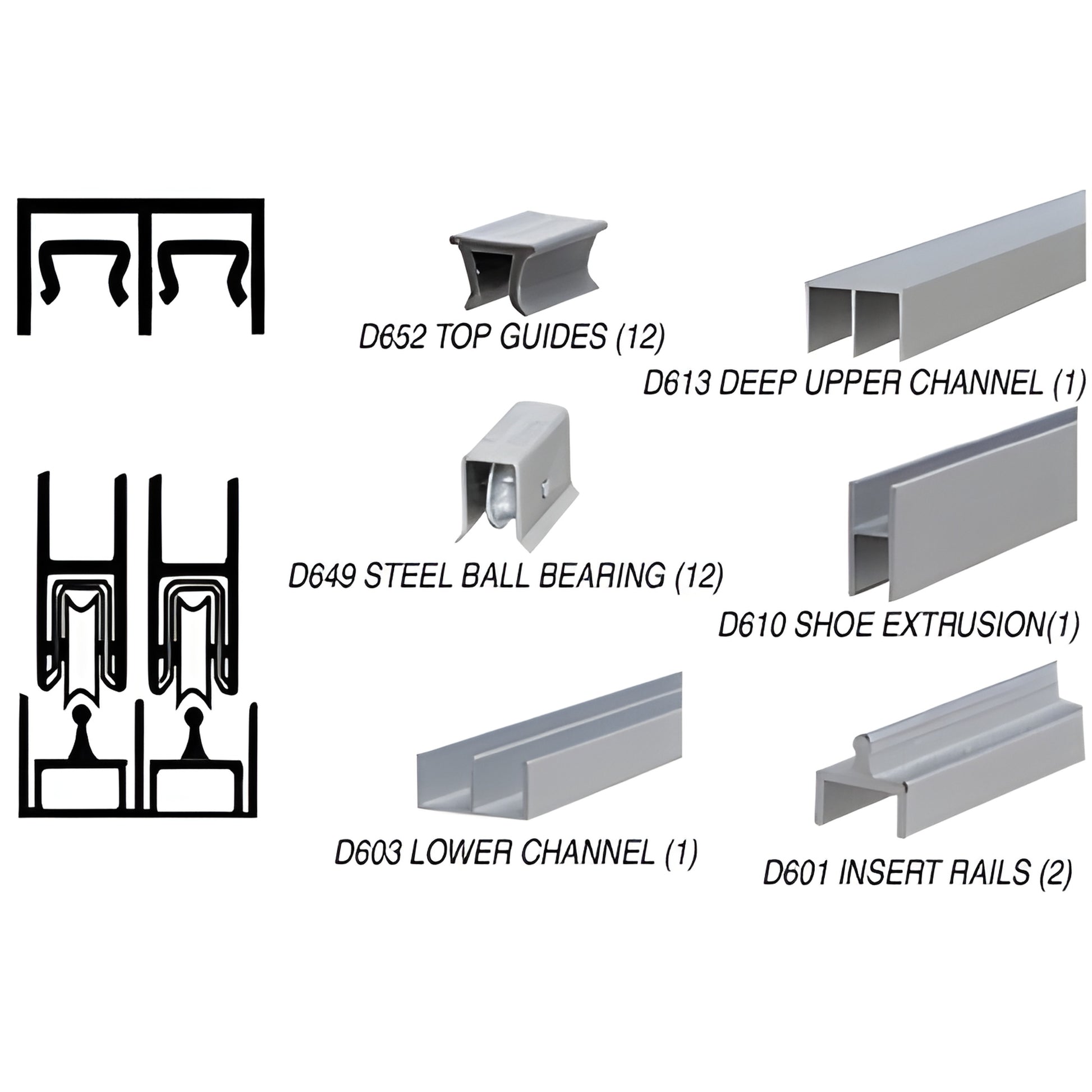 D2307ABB 12' satin-anodized aluminum rolling track assembly with D649 ball bearings, guides and channels