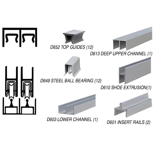 D2307ABB 12' satin-anodized aluminum rolling track assembly with D649 ball bearings, guides and channels