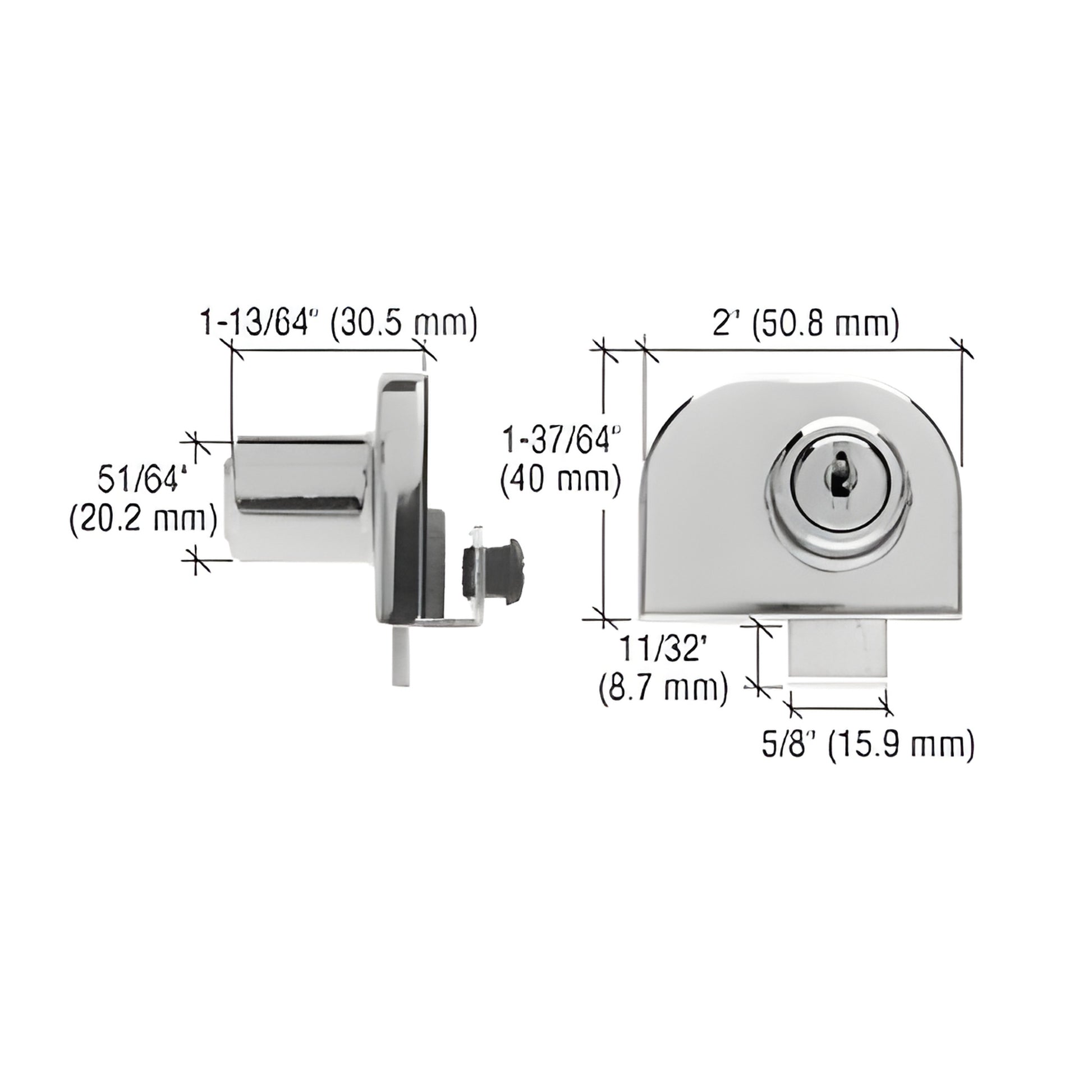 EH212 Polished chrome no drill glass door lock for 1/4" (6 mm) double doors, aluminum body with keys.
