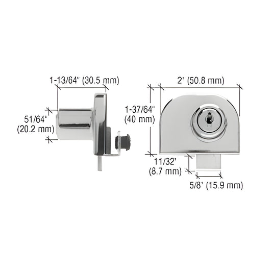 EH212KA CRL no drill polished chrome double glass door lock with keys, offset overlap design shown with dimensions.