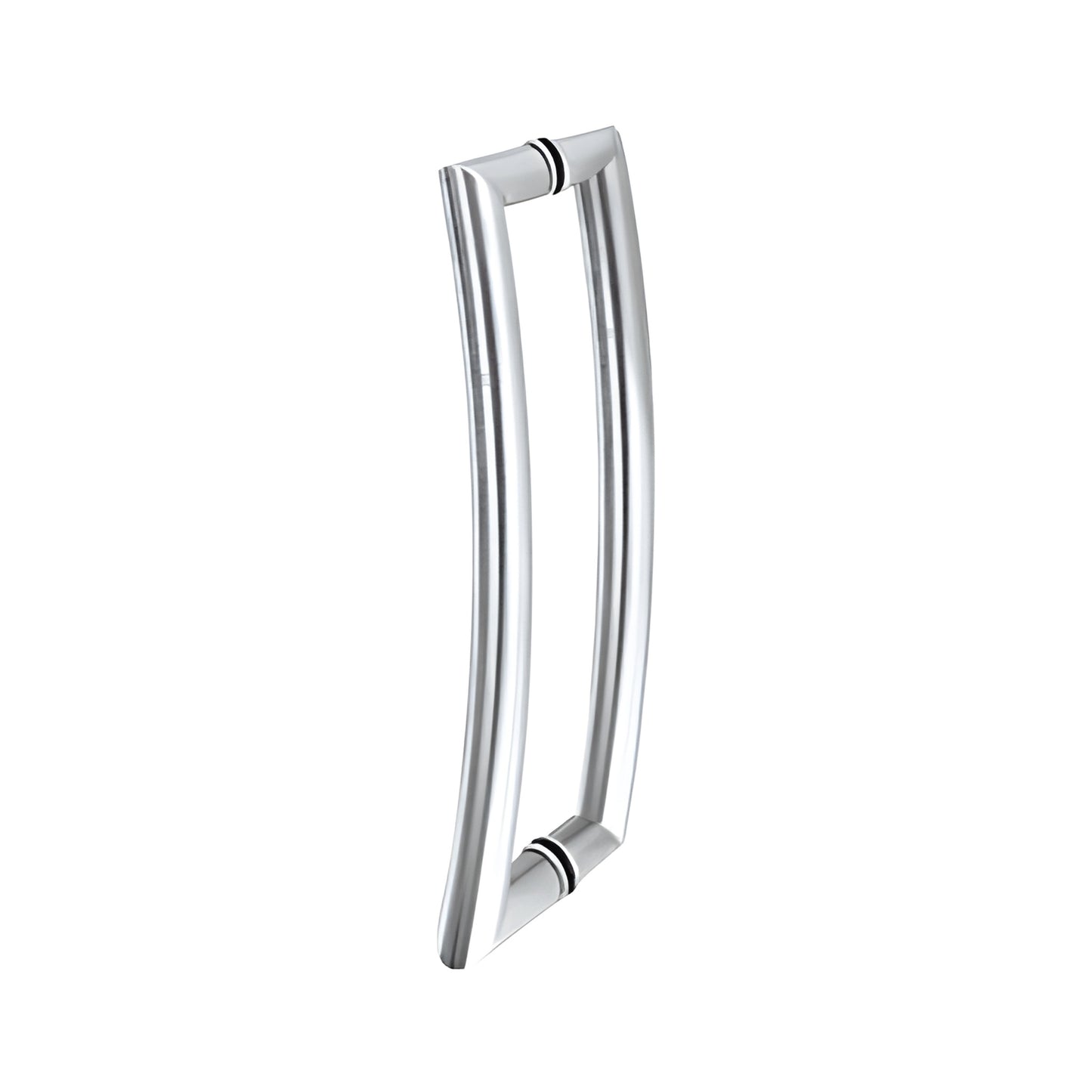 Polished stainless curved tubular back-to-back glass door pull handle, 12 in center (RC12X12PS)