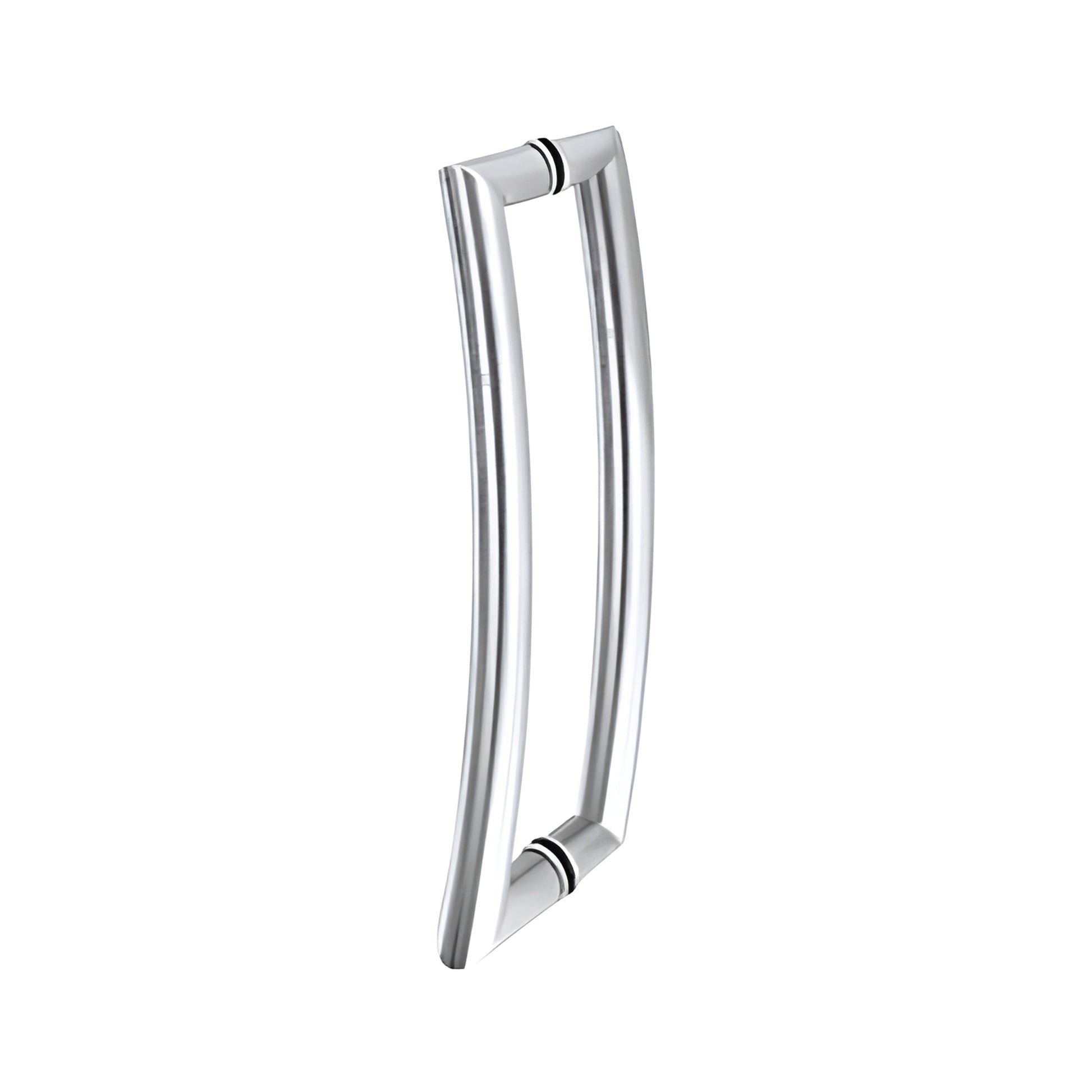 Polished stainless curved tubular back-to-back glass door pull handle, 12 in center (RC12X12PS)