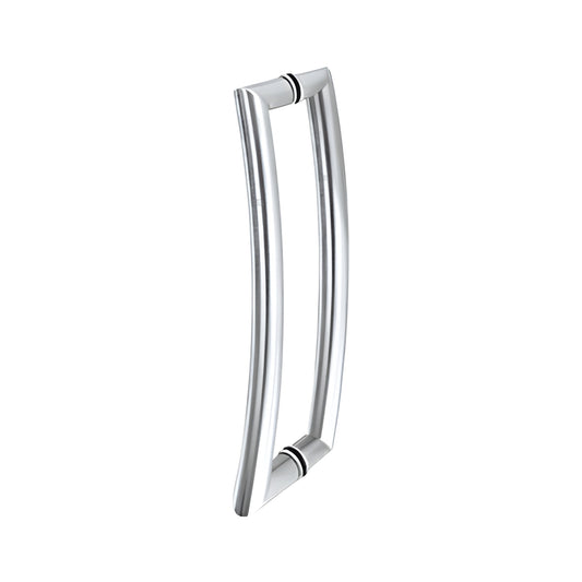 Polished stainless curved tubular back-to-back glass door pull handle, 12 in center (RC12X12PS)