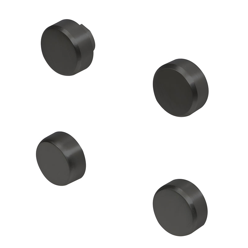 Set of four matte black round metal mirror clips for 1/4" (6mm) glass, screw-on cap design