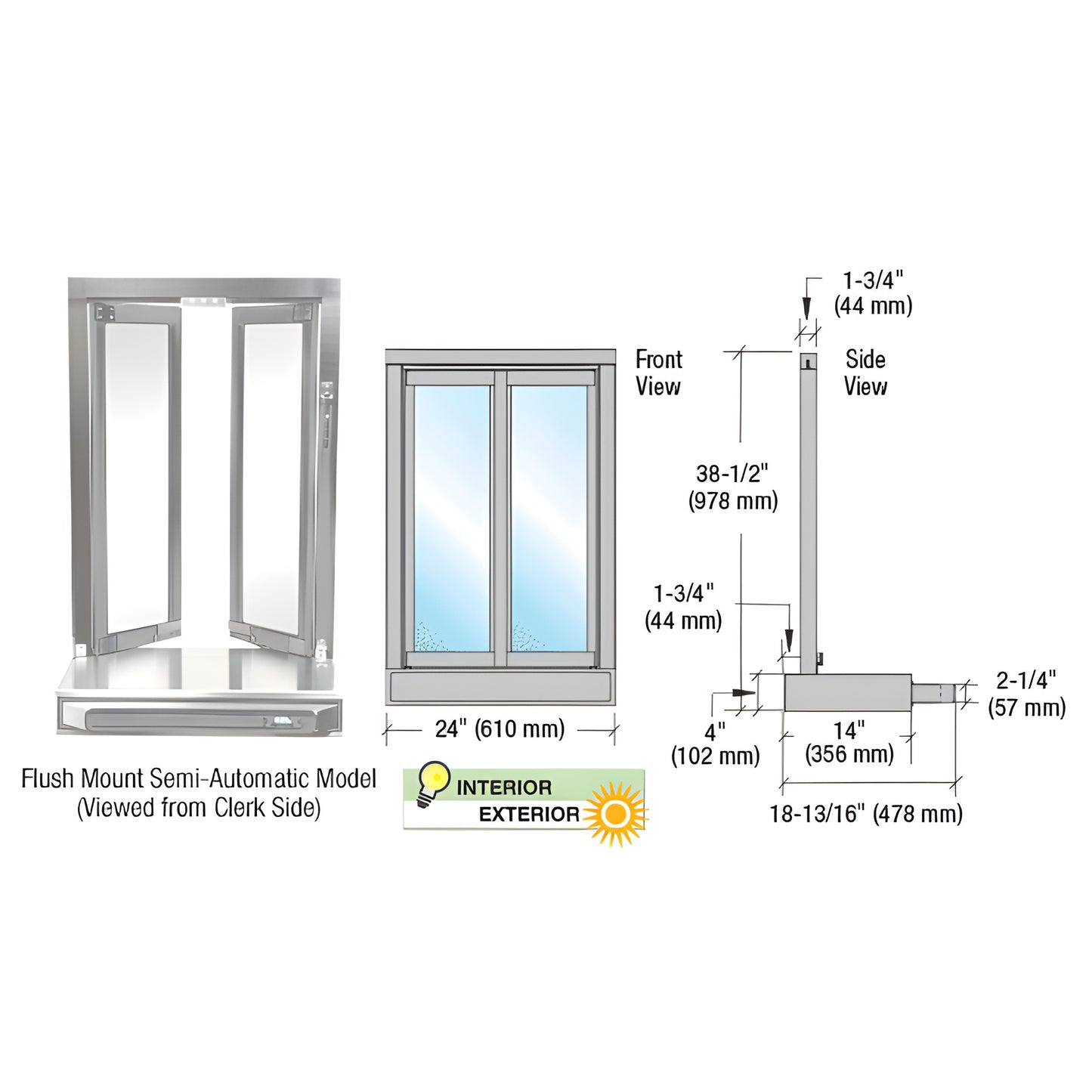 SCBFW1A bi-fold service window, satin anodized aluminum, 24" x 38.5" flush-mount semi-automatic with 1/4" tempered glass.