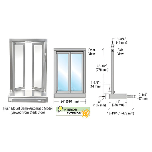 SCBFW1A bi-fold service window, satin anodized aluminum, 24" x 38.5" flush-mount semi-automatic with 1/4" tempered glass.