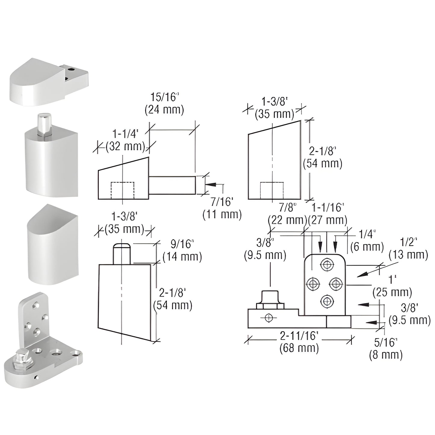 Right-hand aluminum offset door pivot set (SKU 0P41RHA) shown with components and dimensioned technical drawing.