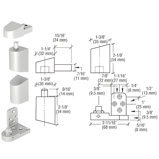 Right-hand aluminum offset door pivot set (SKU 0P41RHA) shown with components and dimensioned technical drawing.