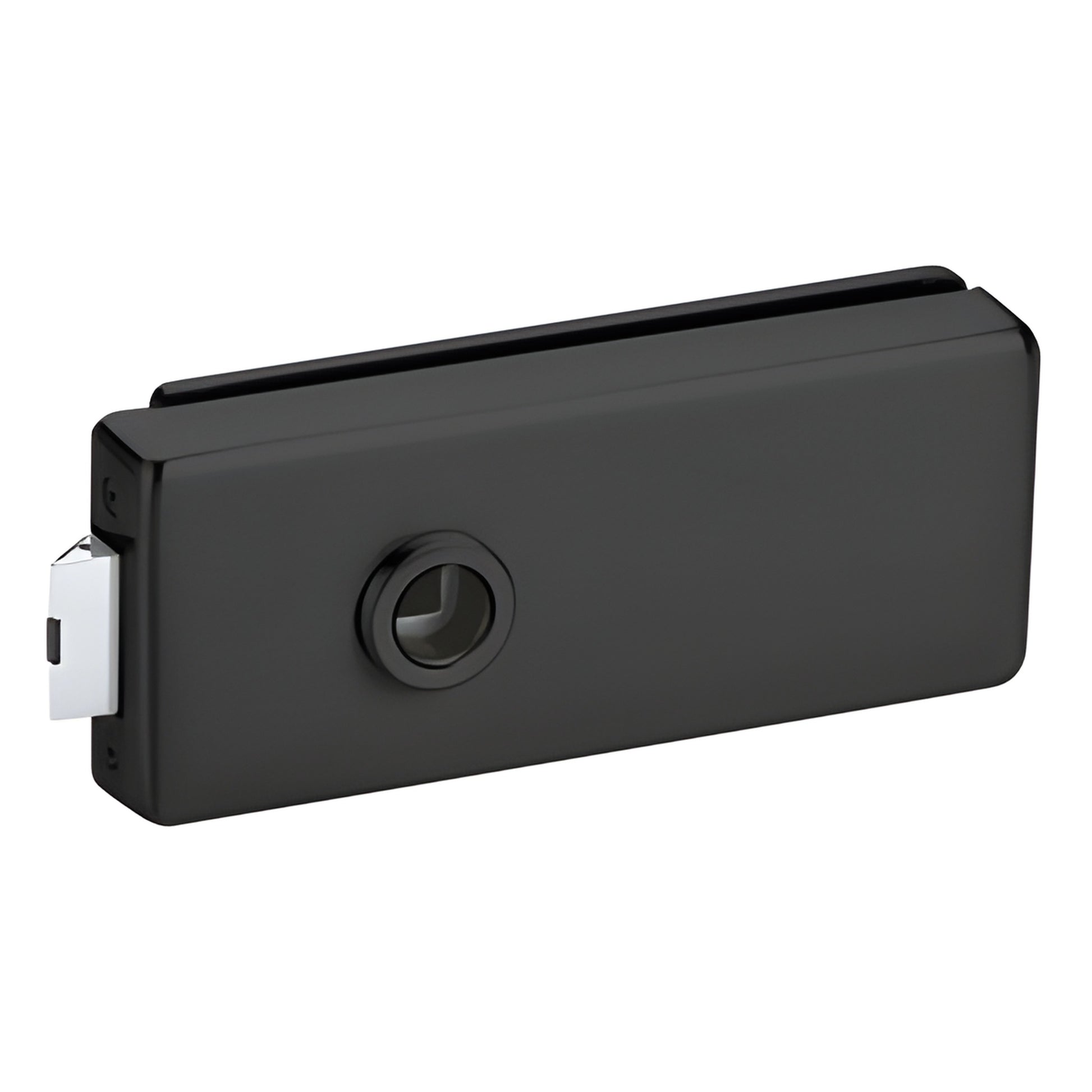 Matte black square glass door latch (CRL Fallbrook FLSMBL), for 8-10mm interior tempered glass, no cylinder.