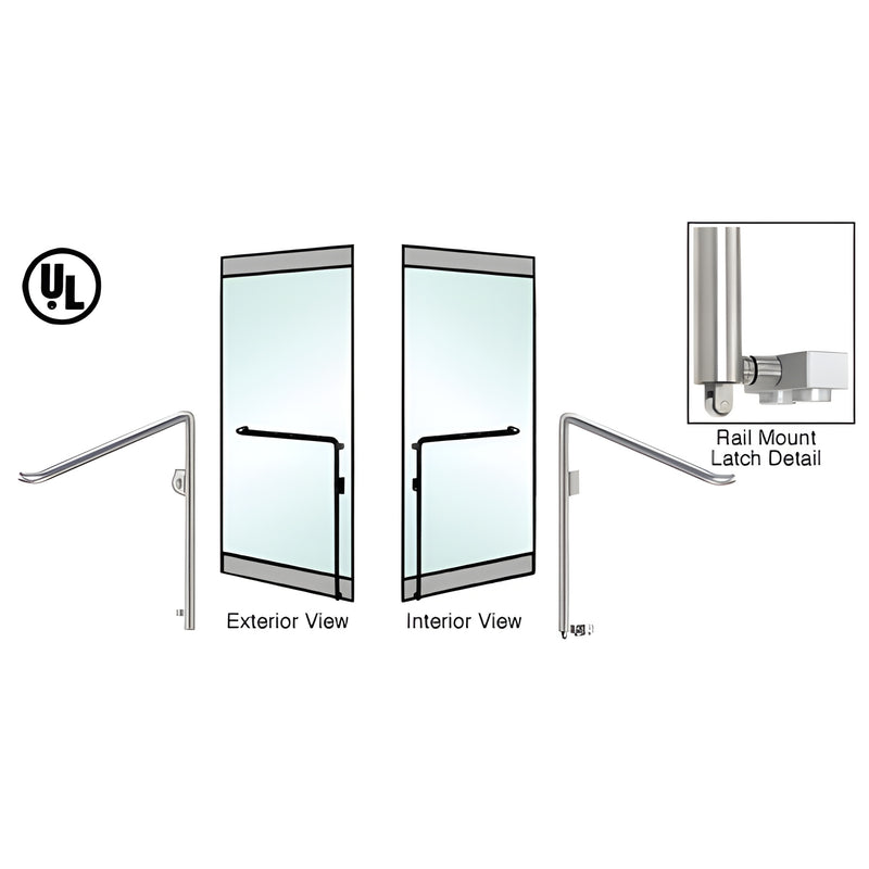 Brushed stainless tubular panic handle 1-1/4" rail-mount for glass doors, left-hand reverse, exterior access option