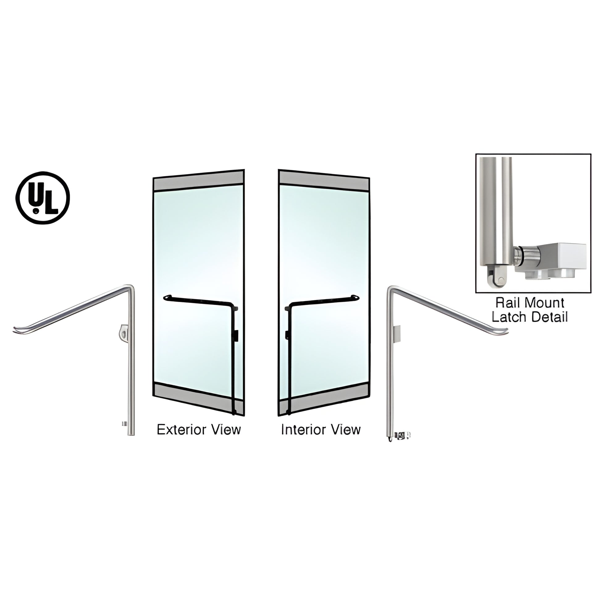 Polished stainless steel PA110 rail-mount panic handle for 1/2 in glass doors, 1-1/4 in diameter, left-hand reverse