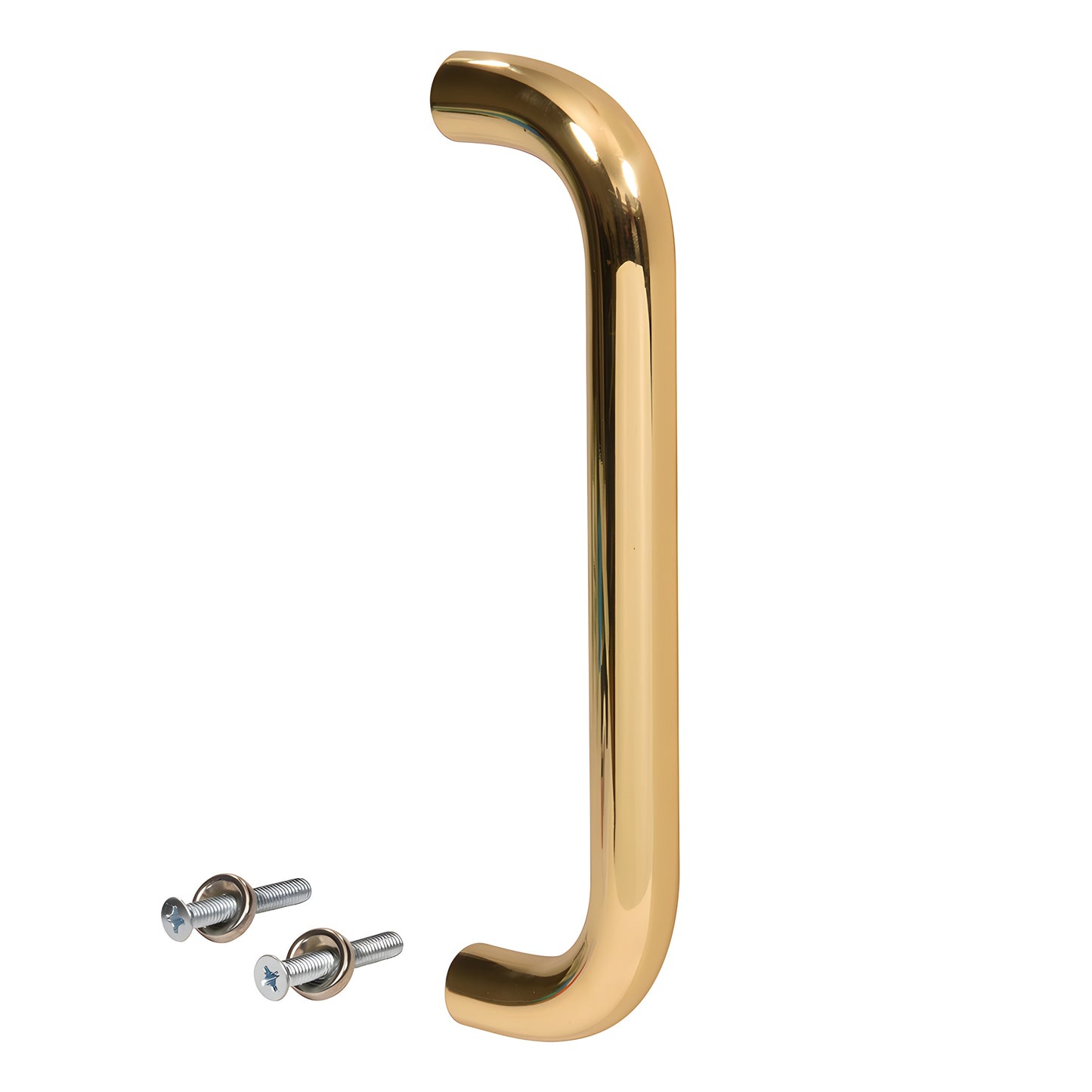 Polished brass 1" diameter solid pull handle, 10" center-to-center, single-sided, with two thru-bolts (SKU M165103)