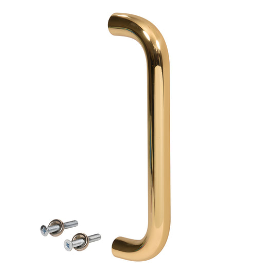 Polished brass 1" diameter solid pull handle, 10" center-to-center, single-sided, with two thru-bolts (SKU M165103)