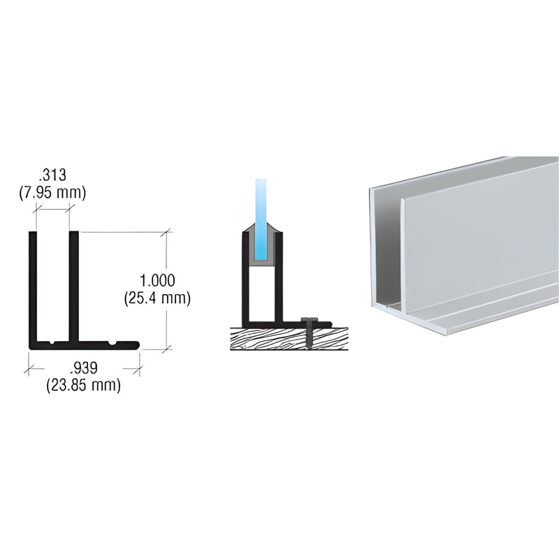 D1675A satin anodized aluminum flush glass framing extrusion, U-channel for 1/4" (6 mm) glass, 12 ft length