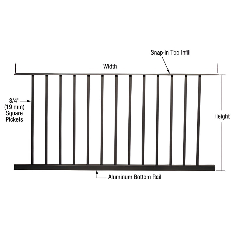 Matte black aluminum picket fence panel (SKU P6042BL) with 13 square pickets, snap-in top infill and aluminum bottom rail.