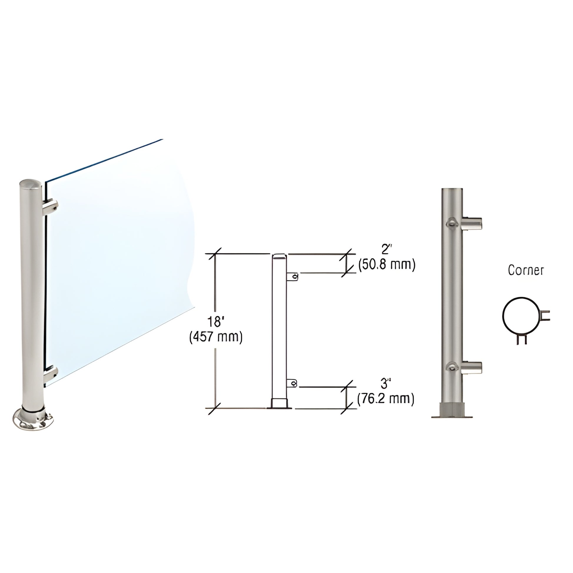 PP56LBS - 18" brushed stainless steel Slimline 90 corner partition post for 1/4" or 3/8" glass