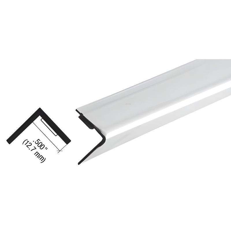 PRT250CH chrome reflective outside corner mirror trim strip, 96" long, 1/2" face, foam-tape backing.