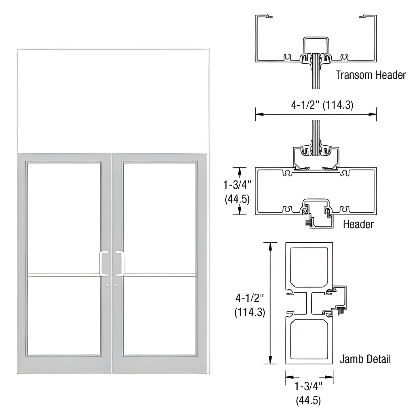 FD32552 White Kynar aluminum storefront transom frame with 72x84 double door opening, jamb/header detail drawings.