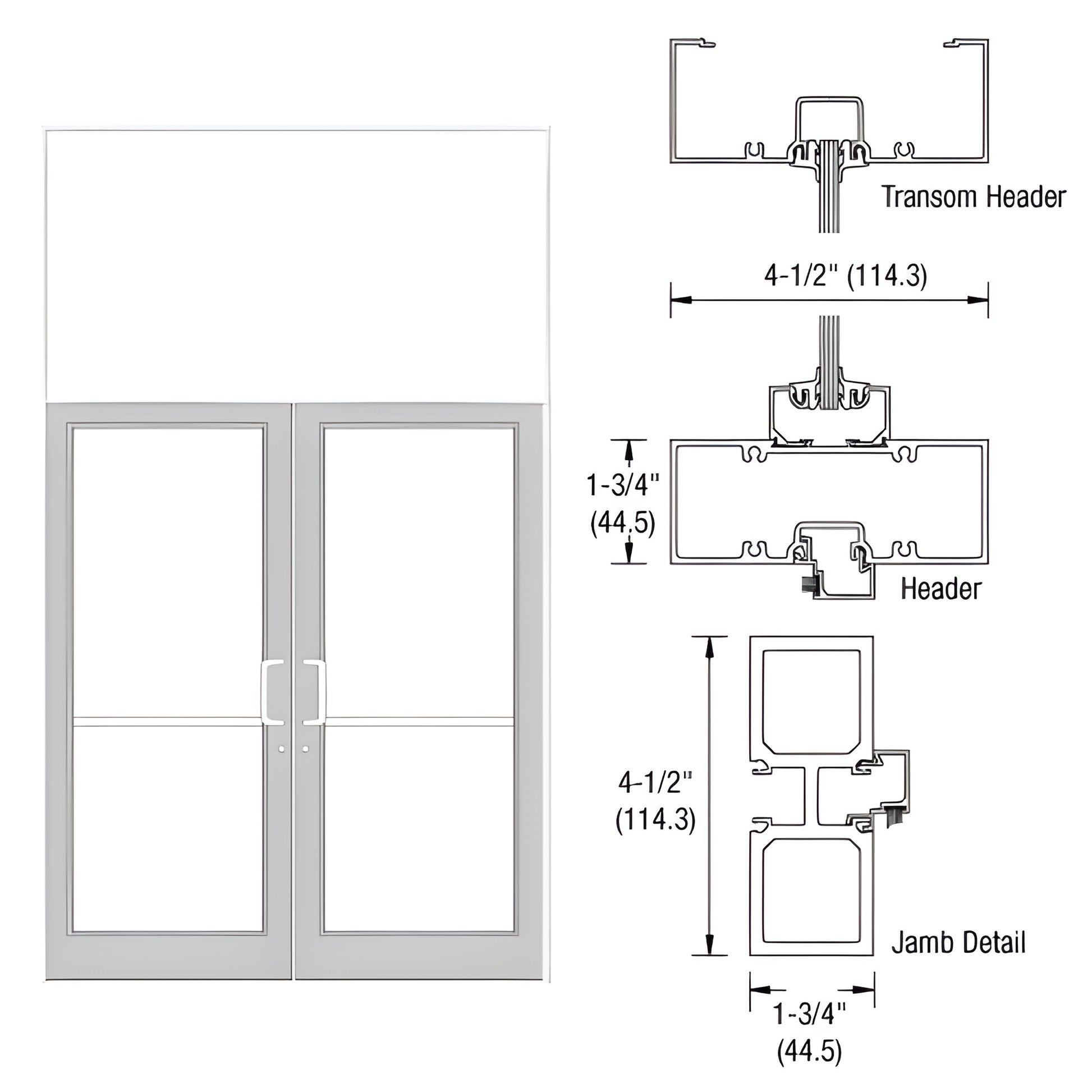 FD32552 White Kynar aluminum storefront transom frame with 72x84 double door opening, jamb/header detail drawings.