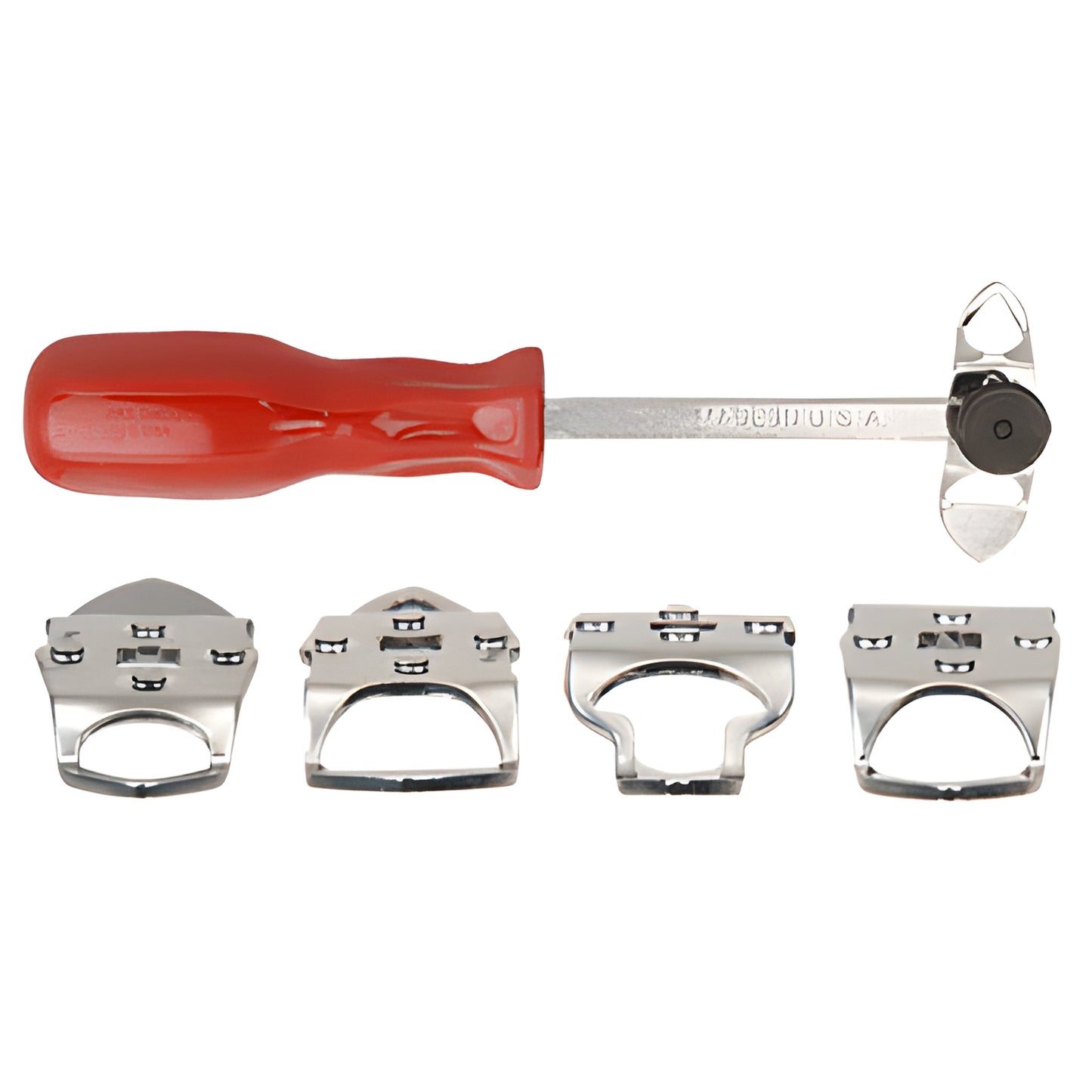 L47000 swivel-tip locking strip tool: red-handled shaft with swivel head and four interchangeable chrome profile tips