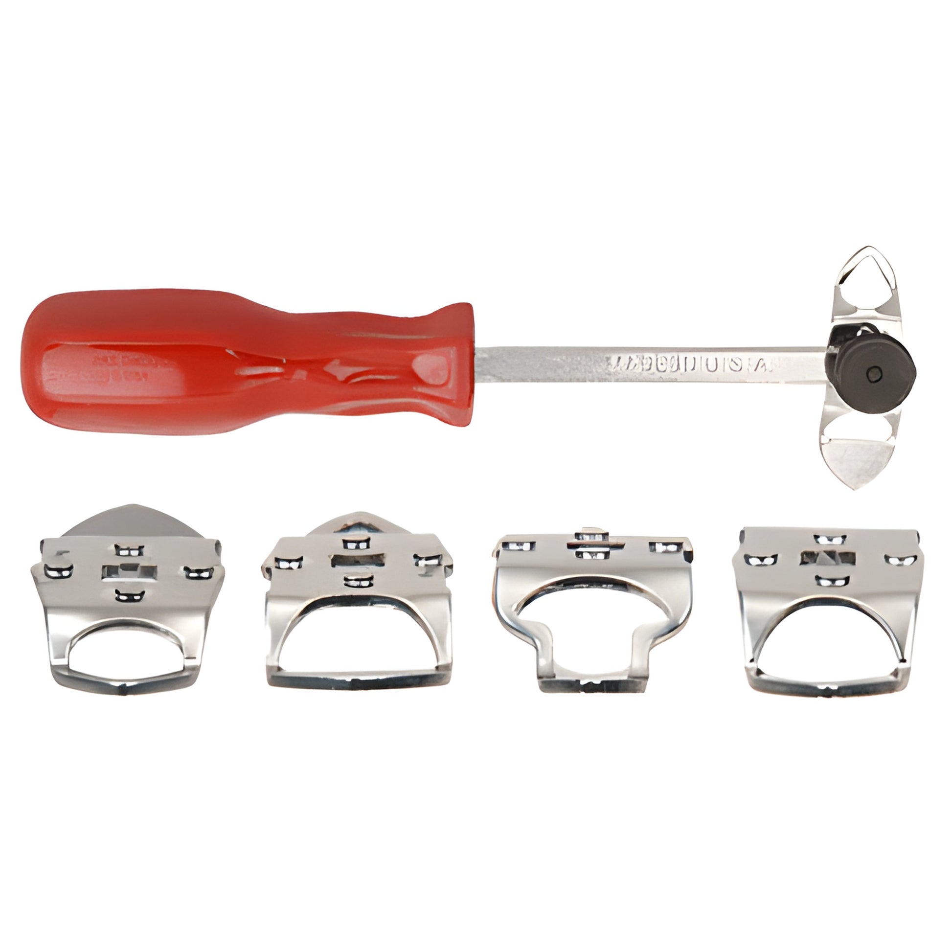 L47000 swivel-tip locking strip tool: red-handled shaft with swivel head and four interchangeable chrome profile tips