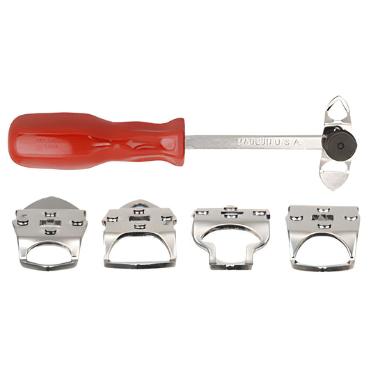 L47000 swivel-tip locking strip tool: red-handled shaft with swivel head and four interchangeable chrome profile tips