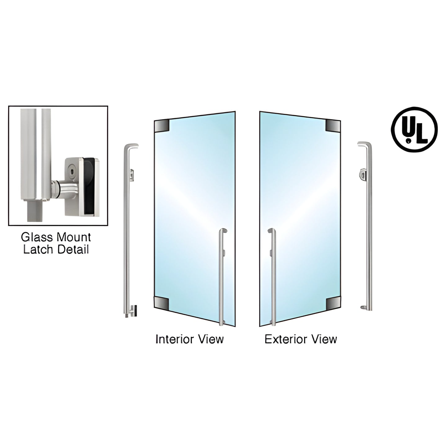 Brushed stainless steel all-glass door handle with concealed deadbolt for 1/2 (13mm) glass, right-hand reverse.
