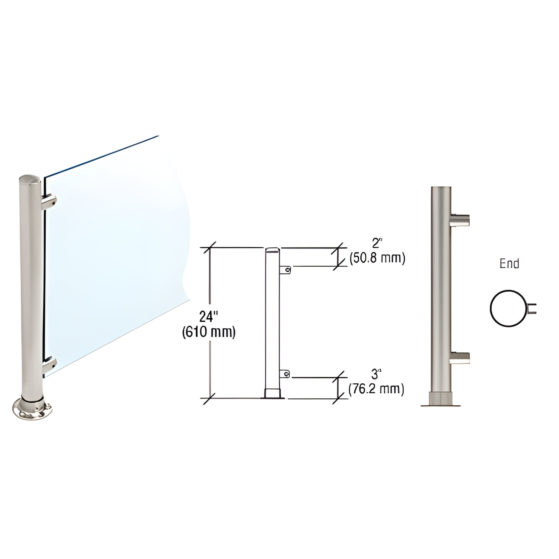 24" brushed stainless Slimline non-handed end post for 3/8" (10 mm) glass, SKU PP58EBS