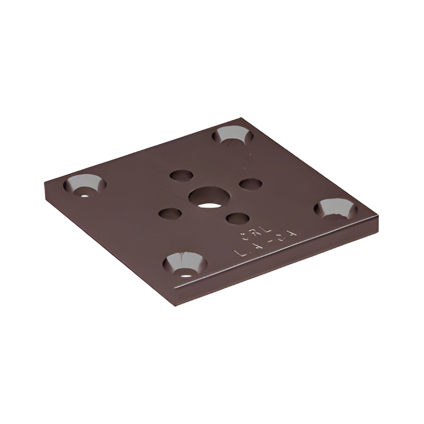 Dark bronze anodized 2x2" aluminum square base plate with countersunk corner screw holes and center openings (SKU D695DU)