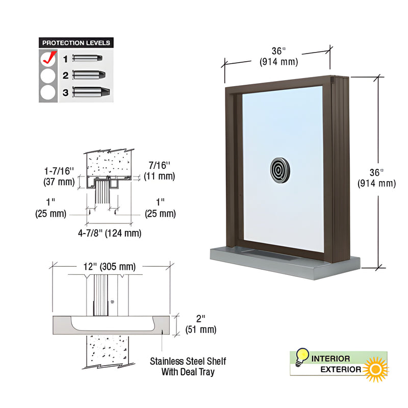 S1EW3636DU bronze anodized 36x36 inset bullet resistant aluminum exchange window with 1 1/4 acrylic glazing and stainless de