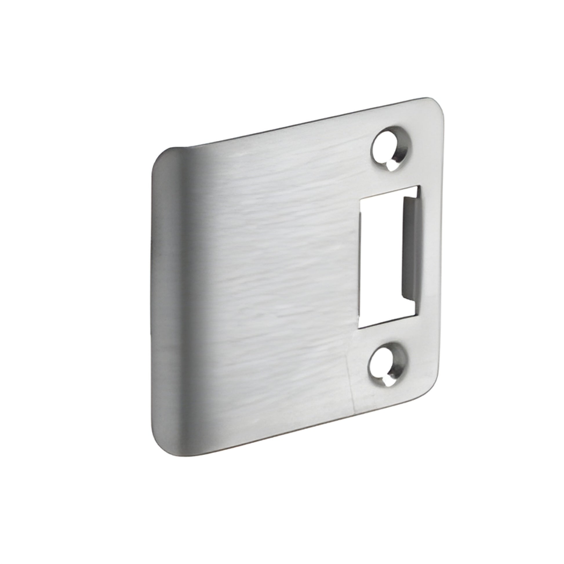 Adams Rite DH12600 brushed stainless steel deadbolt strike plate with dust box, two screw holes.