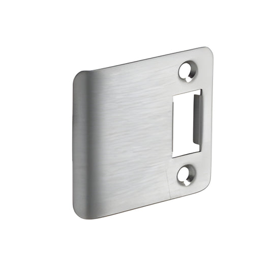 Adams Rite DH12600 brushed stainless steel deadbolt strike plate with dust box, two screw holes.