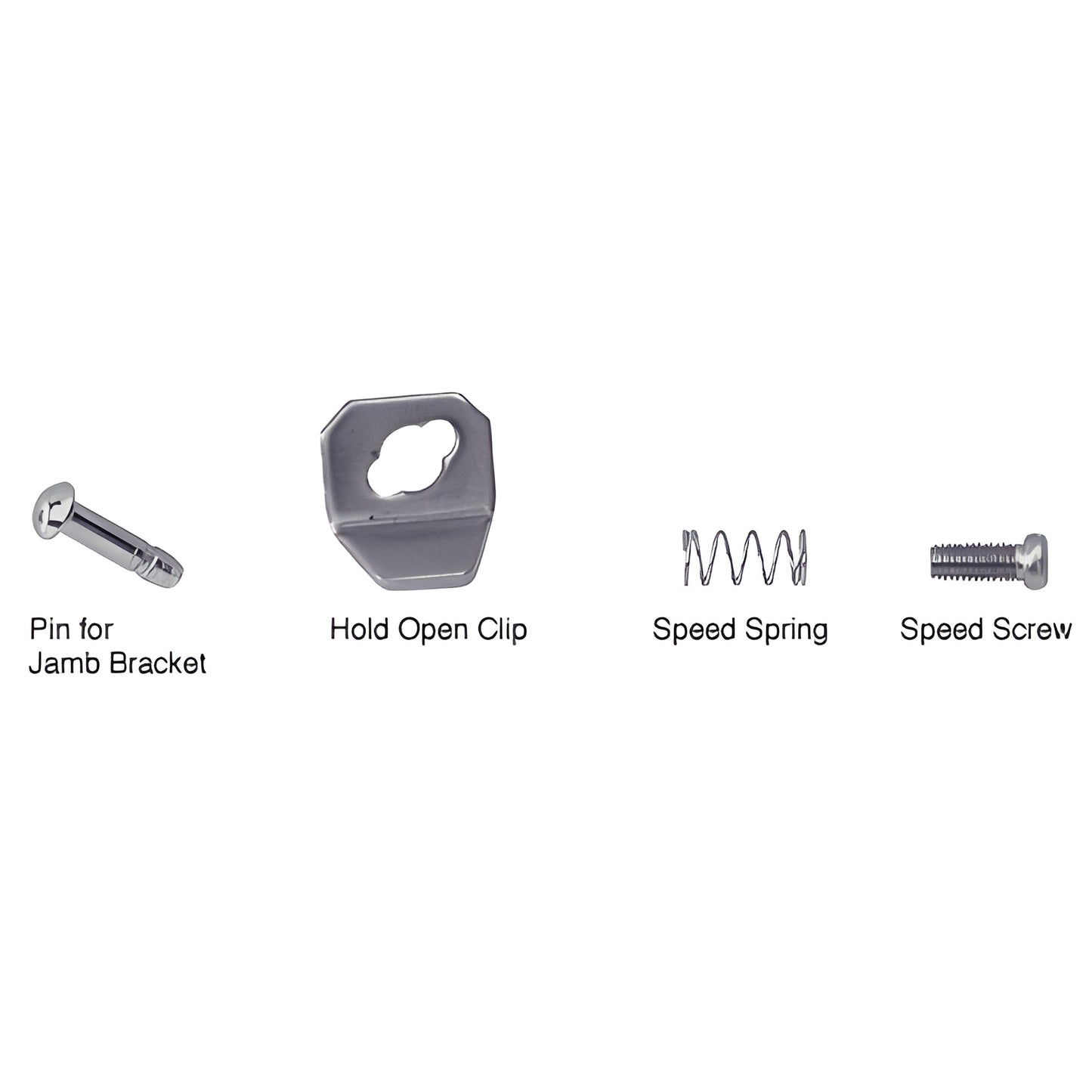 CRL pneumatic closer repair kit K5034: jamb pin, hold-open clip, speed spring and speed screw on white background