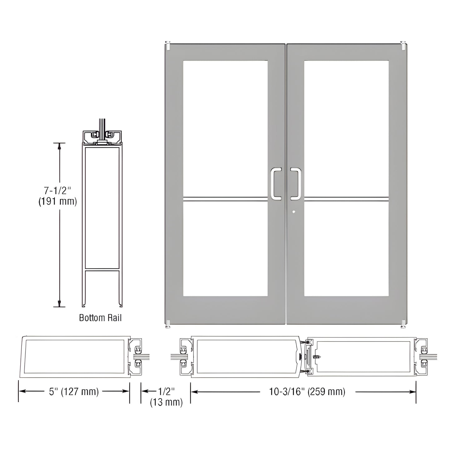 HE52271: Custom Kynar wide-stile double entrance door with glass, 5" stiles, 7-1/2" bottom rail, gray finish