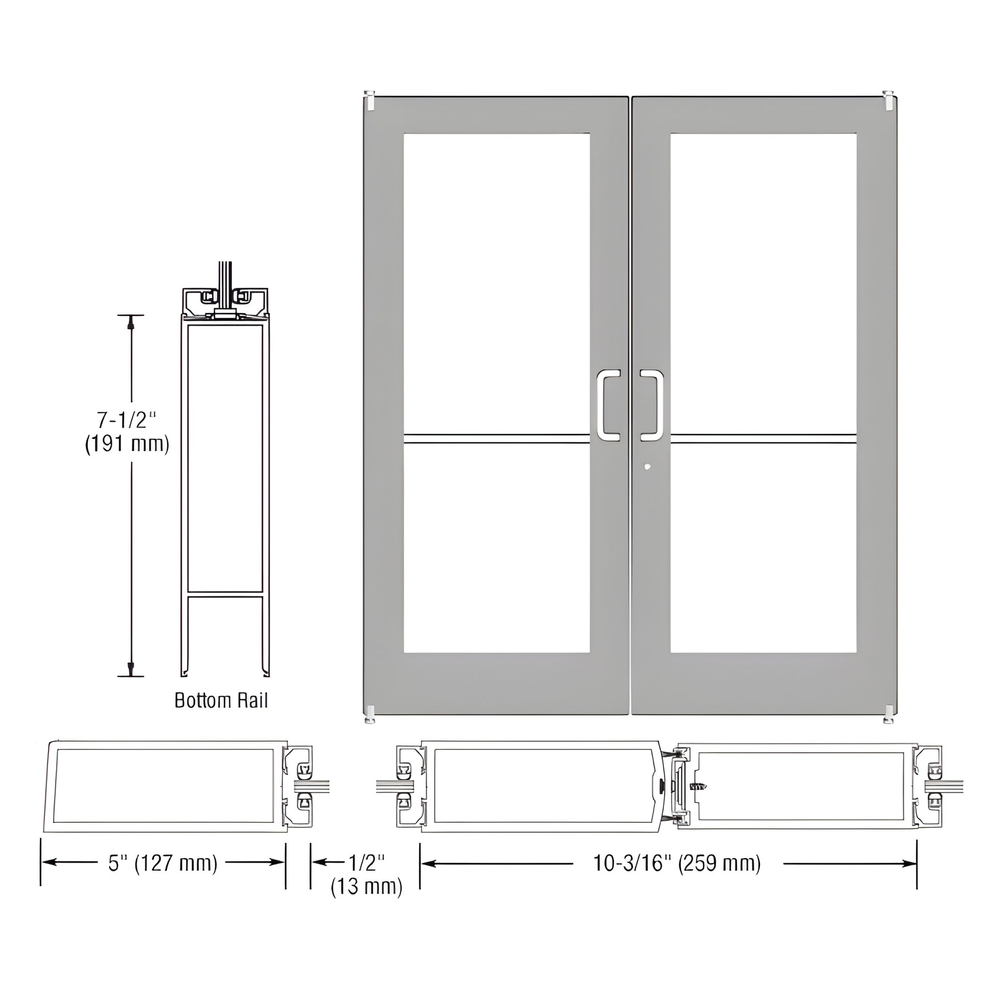 HE52271: Custom Kynar wide-stile double entrance door with glass, 5" stiles, 7-1/2" bottom rail, gray finish
