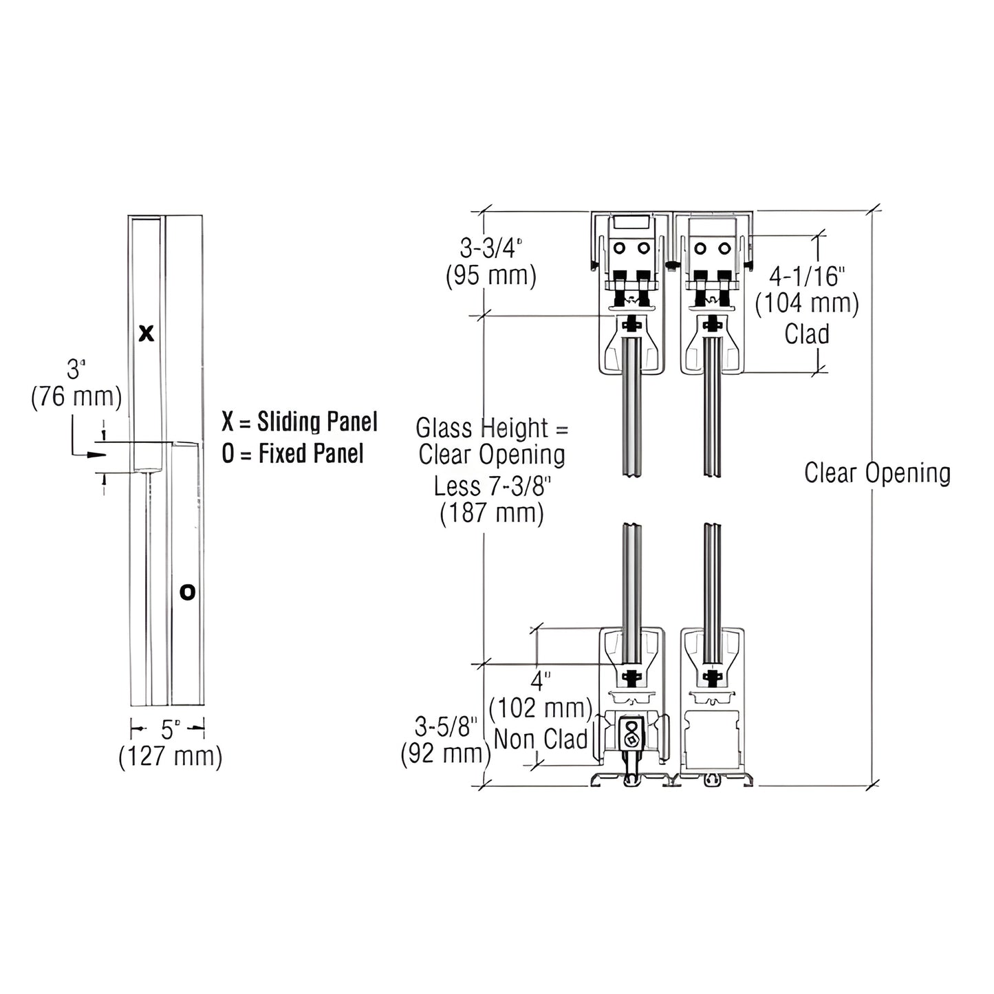 CRL SDR bottom-rolling sliding door system schematic, SKU 4SDR2CBL - gloss black 4 in rails, dimensions and glass specs.