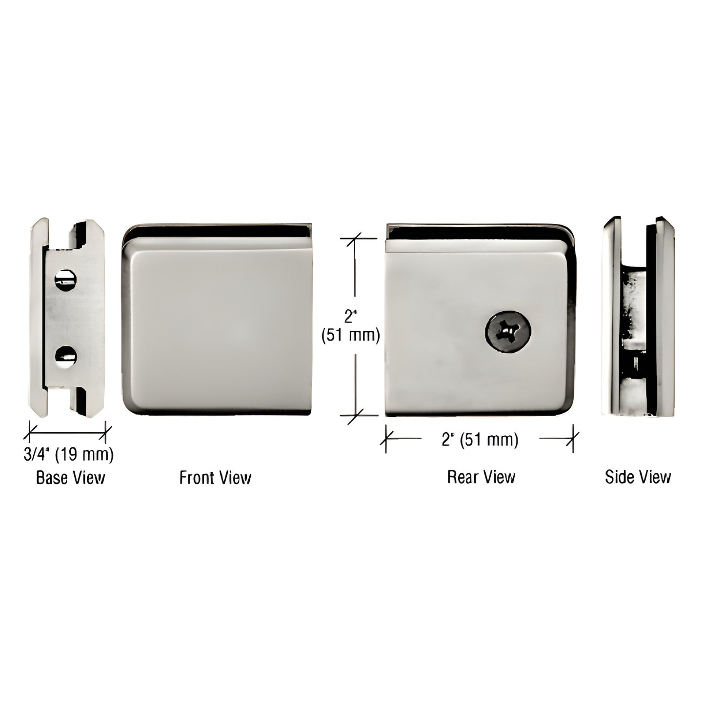 Polished nickel beveled wall-mount glass clamp (BGCU1PN), solid brass, notch-in-glass, fits 3/8-1/2" (10-12mm) glass, 2" squa