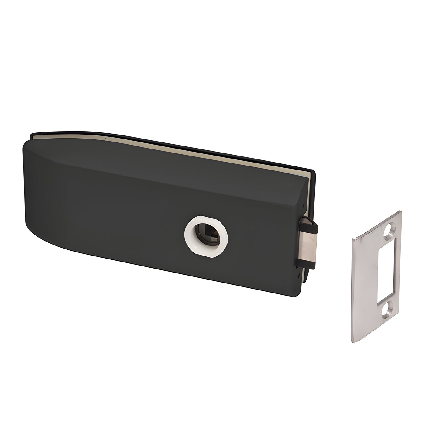 Matte black glass-mounted passage latch (PTH312MBL) with stainless steel strike, for 3/8"-1/2" tempered glass.