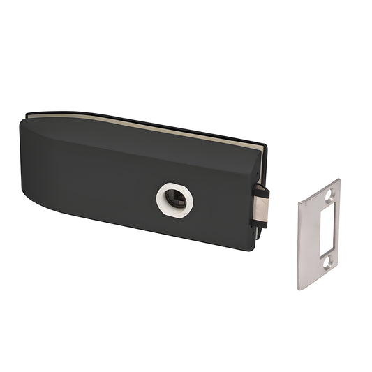 Matte black glass-mounted passage latch (PTH312MBL) with stainless steel strike, for 3/8"-1/2" tempered glass.