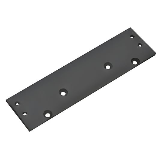 Black narrow drop plate DC54NDPBLK for surface-mounted door closers, 9-3/4 x 2-5/16, with mounting holes