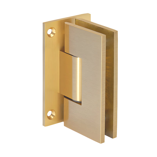 Satin brass squared shower door hinge (Vienna V1E537SB), solid brass wall-mount for 3/8-1/2 glass