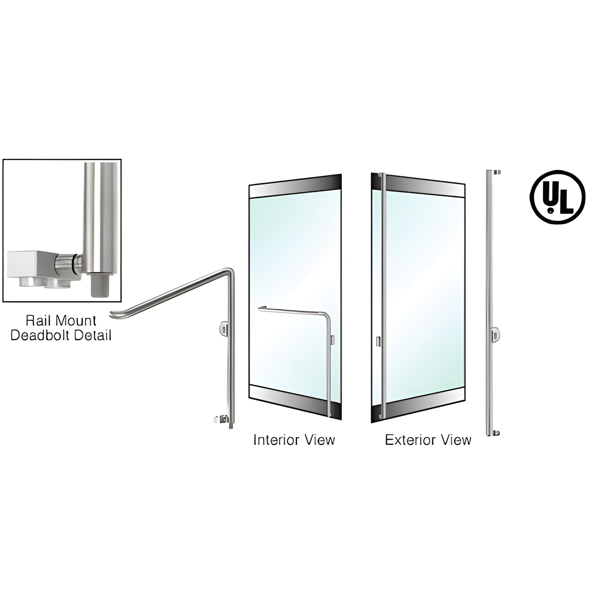 Brushed stainless 1-1/4" rail-mount access handle for 1/2" tempered glass doors, DB110F3RKBS