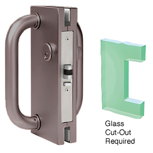 Black bronze 4x10 center lock with D-handle and deadlatch for 1/2 glass (SKU DL410LDU), glass cut-out shown.