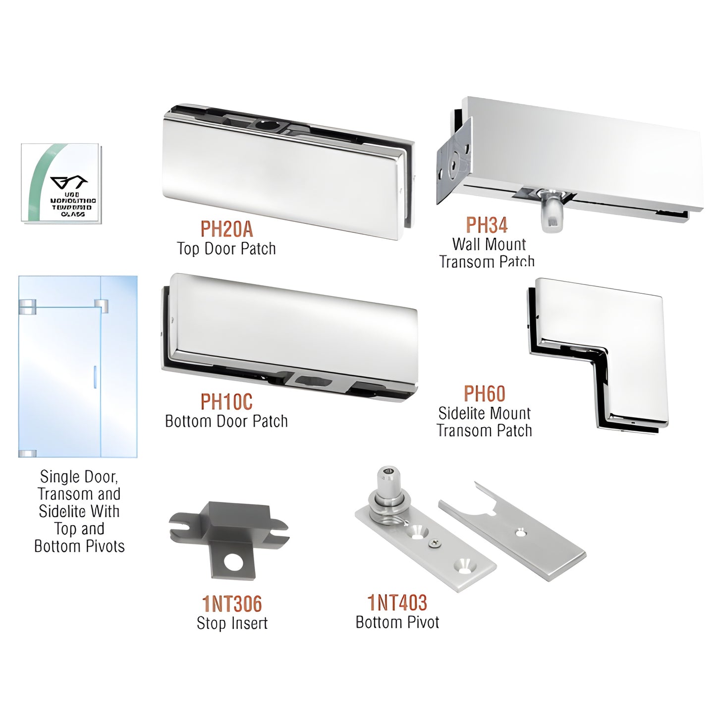 PHA4PS polished stainless steel pivot door hardware kit for 3/8-1/2" tempered glass with transom and sidelite patches