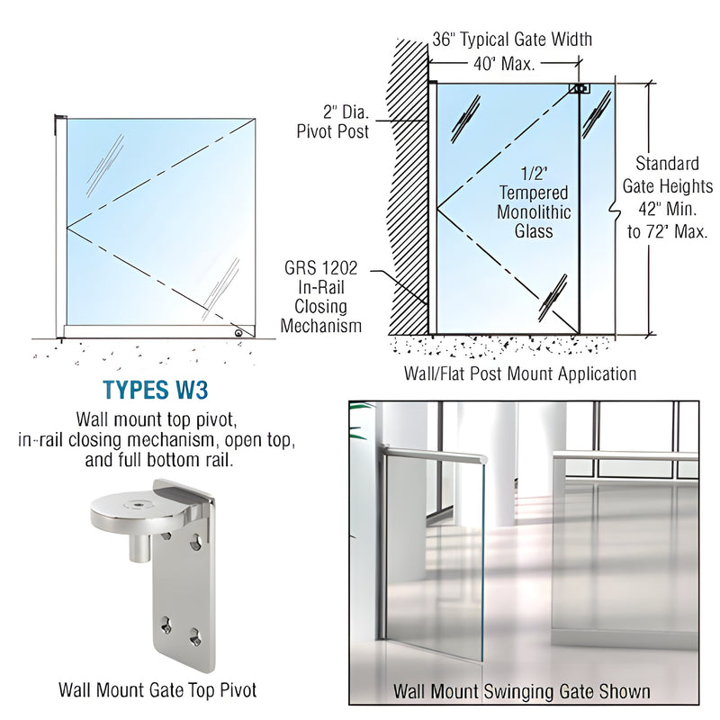 SKU 1202W3PSC polished stainless steel wall-mount swinging glass gate with in-rail closer; fits 3/8-1/2" glass, up to 40" wid
