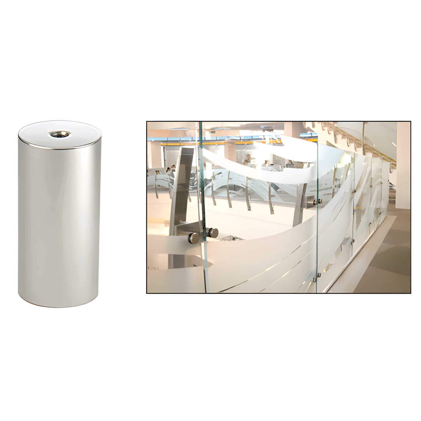 Polished 316 stainless steel 2" diameter standoff base (SKU S0B24PS) shown next to installed glass railing example