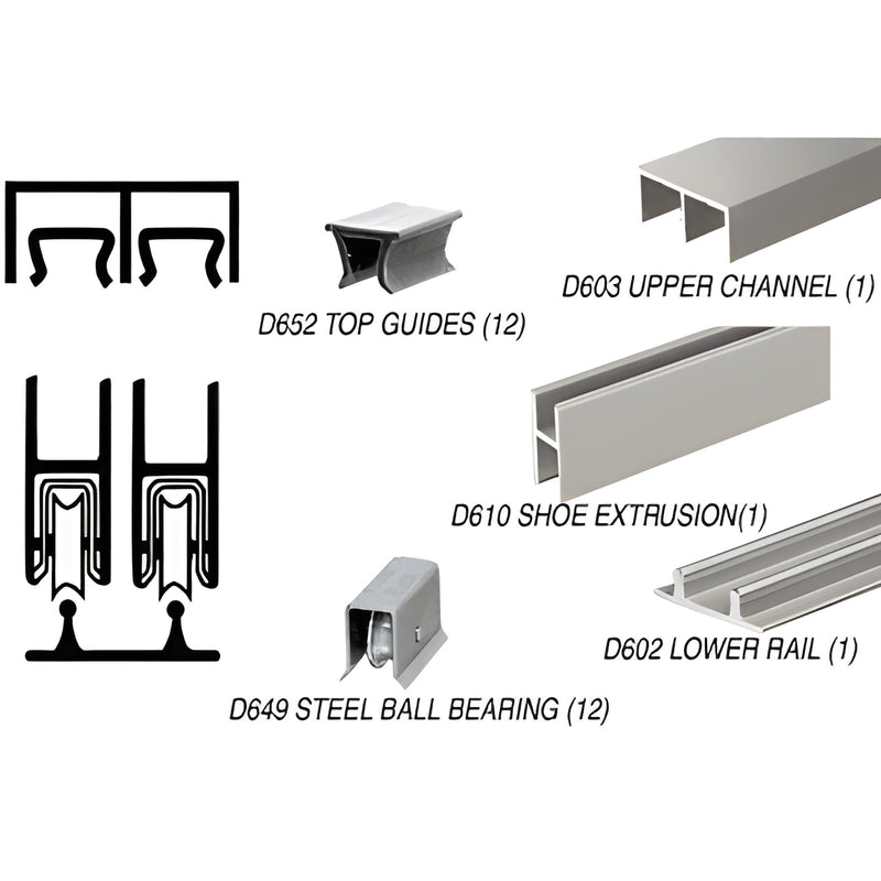 Brushed nickel D2203BNBB low-profile rolling track assembly with steel ball-bearing wheels and guides for 1/4" glass.