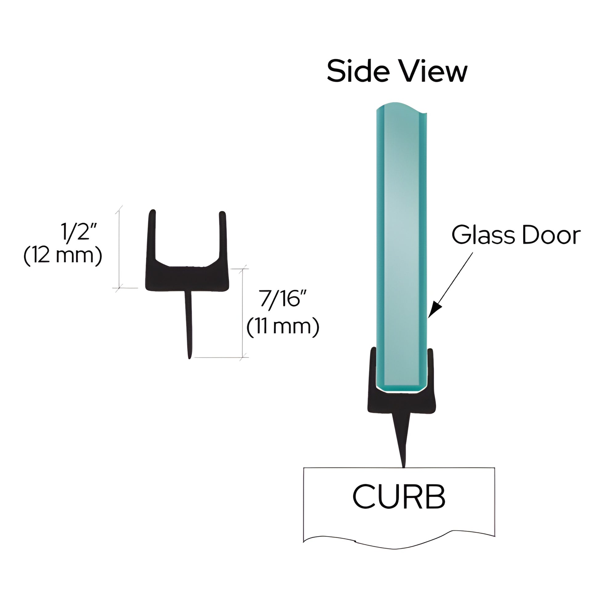 Ultra black one-piece bottom rail (P661BRBL) vinyl sweep for frameless tempered glass shower doors, low-profile 95-inch.