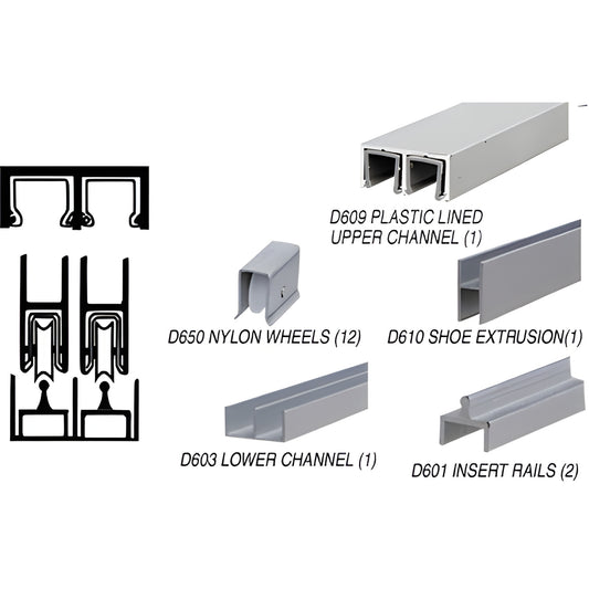 D2300A 12' satin anodized aluminum rolling door track with D650 nylon wheels and matching channel components.